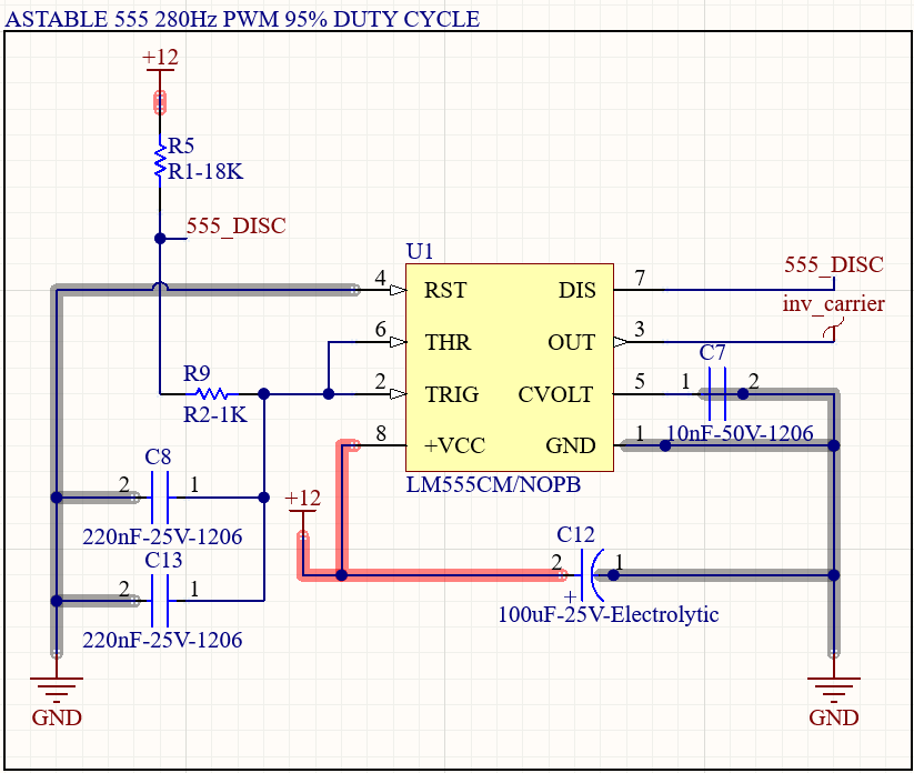 LM555 Timer IC generates 280Hz PWM with 95% Duty Cycle